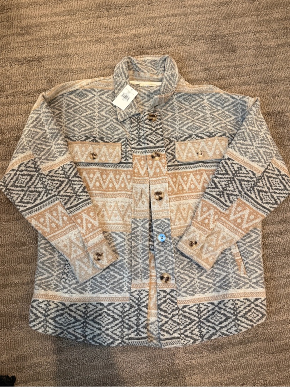 Aztec Print Shacket Jacket – Neutral Boho Button Up